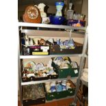 SIX BOXES AND LOOSE CERAMICS, GLASS, MANTEL CLOCK ETC, to include jugs, bells etc