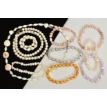 A SELECTION OF CULTURED PEARL BRACELETS AND TWO NECKLACES, to include a shell necklace, a cultured