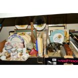 TWO BOXES AND LOOSE CERAMICS, METALWARE, PICTURES ETC, to include cutlery, boxed Wedgwood David