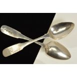 A PAIR OF GEORGE III IRISH SILVER SPOONS, the Fiddle and pattern spoons with engraved scrolling