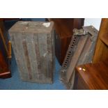 TWO EDWARDIAN CAST IRON FIRE FENDERS, one 78cm wide the other 88cm wide and a travelling trunk (3)