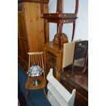 AN ERCOL ELM AND BEECH SPINDLE BACK CHAIR, (sd) together with an oak hi fi cabinet, two occasional
