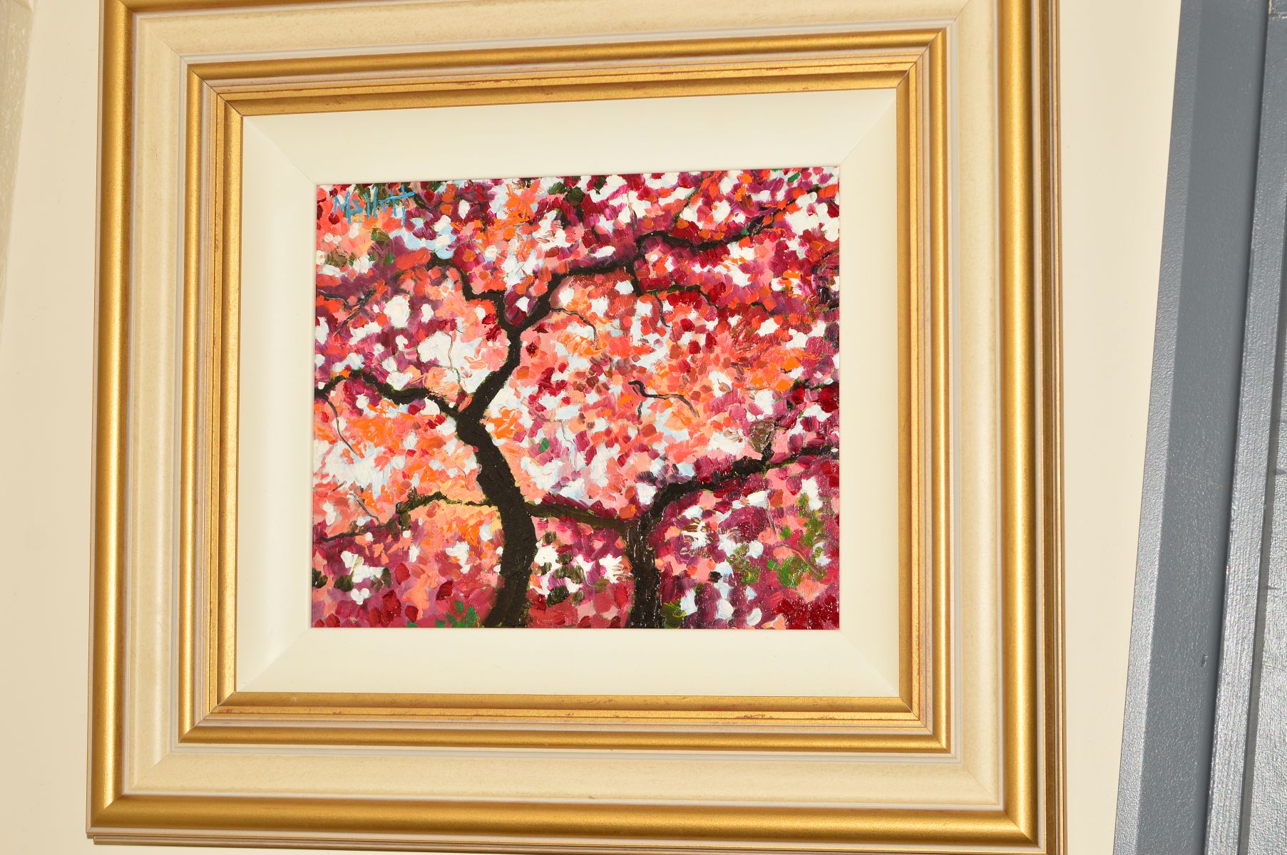 TIMMY MALLETT (BRITISH CONTEMPORARY) 'CRIMSON COLOURS' tree blossoms, signed top left, acrylic on