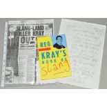 REGGIE KRAY, a signed copy of 'Reg Kray's Book of Slang', together with a personal letter