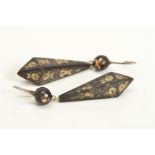 A PAIR OF MID VICTORIAN PIQUE TORTOISESHELL DROP EARRINGS, each designed as an elongated angular