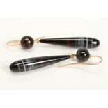 A PAIR OF BANDED AGATE DROP EARRINGS, each designed as elongated pear shape drops suspended from a