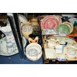 TWO BOXES AND LOOSE OF CERAMICS, PLATED WARES etc, to include Corona Ware wash set (jug, bowl,