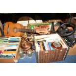 FOUR BOXES AND LOOSE OF BOOKS, METALWARE, GUITAR etc, to include Stanley Gibbons stamp catalogues,