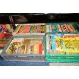 FIVE BOXES OF MOSTLY CHILDRENS BOOKS AND ANNUALS to include Biggles, Just William, Beatrix Potter