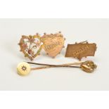 TWO EARLY 20TH CENTURY BROOCHES AND TWO STICKPINS, the two stickpins, one of heart design set with a