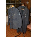 A 1950'S ERA RAF GREATCOAT AND UNIFORM JACKET, both with sleeve insignia for Senior Aircraftsmen