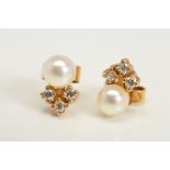 A PAIR OF 9CT GOLD CULTURED PEARL STUD EARRINGS, each designed as a cultured pearl with a cluster of