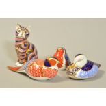 FOUR ROYAL CROWN DERBY PAPERWEIGHTS, 'Pheasant', 'Cat' (both with gold stoppers) and 'Robin' and '