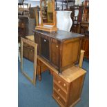 A MODERN PINE DESK with three drawers together with an oak blanket chest, a victorian toilet