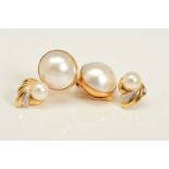 TWO PAIRS OF CULTURED PEARL EARRINGS, the first pair designed as a single cultured pearl with