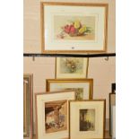 FOUR WATERCOLOUR PAINTINGS to include Marie Low, still life of carnations in a wicker basket, signed