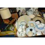 THREE BOXES OF CERAMICS, SUNDRIES etc, to include a marmalade cutter, a table lamp, a green dial