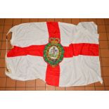 A LARGE MILITARY STYLE FLAG, with a honi soit qui y pense Coat of Arms etc, flag is approximate