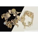 TWO CHARM BRACELETS, both designed as curb link bracelets with heart padlock clasps, suspending a