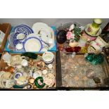 FOUR BOXES OF CERAMICS AND GLASSWARE, to include glass decanters, Midwinter plates, 'Willow' pattern
