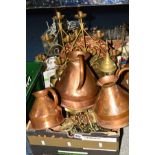 ONE BOX AND LOOSE OF COPPER AND BRASSWARE, to include a set of balance scales having copper pans,