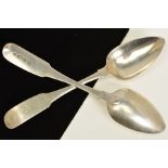A PAIR OF GEORGE III SILVER SPOONS, each with Fiddle pattern terminals and engraved monograms,