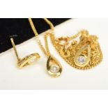 AN 18CT YELLOW GOLD DIAMOND PENDANT AND CHAIN WITH MATCHING STUD EARRINGS, the pendant of pear shape
