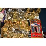 A COLLECTION OF EPNS, BRASSWARE AND COMMEMORATIVE TEA SPOONS, etc to include EPNS coffee set and