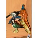 FOUR BESWICK BIRDS, 'Pheasant' No1225B, 'Magpie' No2305 (beak reglued), 'Kingfisher' No2371 and '