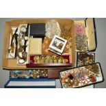 A BOX OF COSTUME JEWELLERY, to include gold plated chain necklaces, various wristwatches