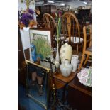 A GROUP OF FOUR CERAMIC DECORATIVE VASES, with two glass decorative vases, a metal decorative garden