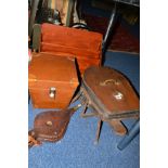 A FREESTANDING SET OF FOOT BELLOWS, another set of hand bellows, a large letter rack, and a hat