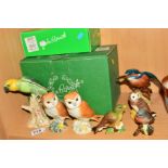 SEVEN BESWICK BIRDS, comprising Parakeet No930, Chaffinch No991B, two owls No2026 (with one box),