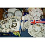 THREE BOXES AND LOOSE DINNERWARES, PEWTER etc, to include Minton 'Carmine' dinner plates, charger,