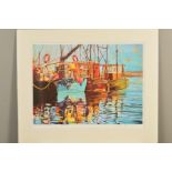 MARTIN DECENT (BRITISH CONTEMPORARY), 'Calm Waters', a limited edition print of fishing boats at