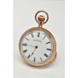 AN EARLY 20TH CENTURY GOLD OPEN FACED WALTHAM MASS POCKET WATCH, white Roman numeral dial,