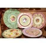 SIX ROYAL WORCESTER CABINET PLATES to include one with centre hand painted with flowers by W H