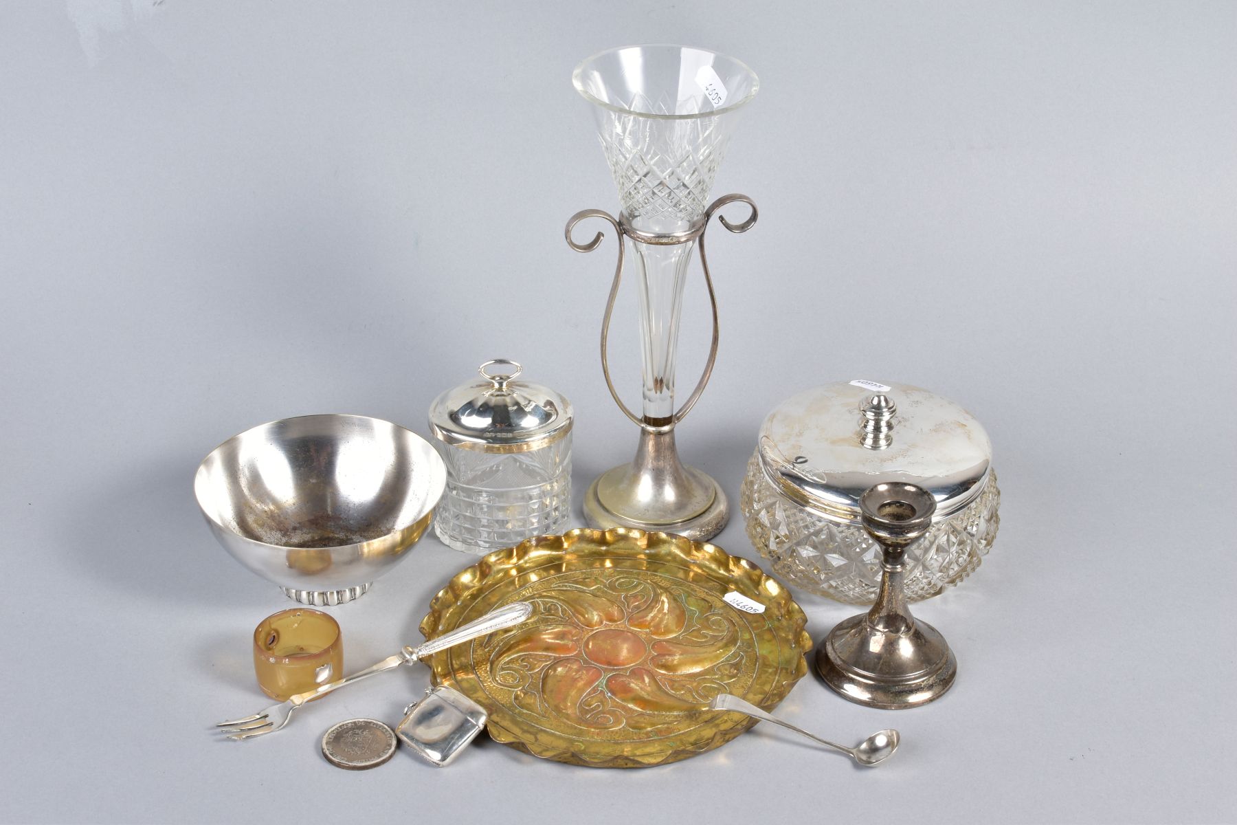 A BOX OF SILVER, PLATE AND OTHER METALWARES, including a late Victorian silver plate and glass