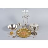 A BOX OF SILVER, PLATE AND OTHER METALWARES, including a late Victorian silver plate and glass