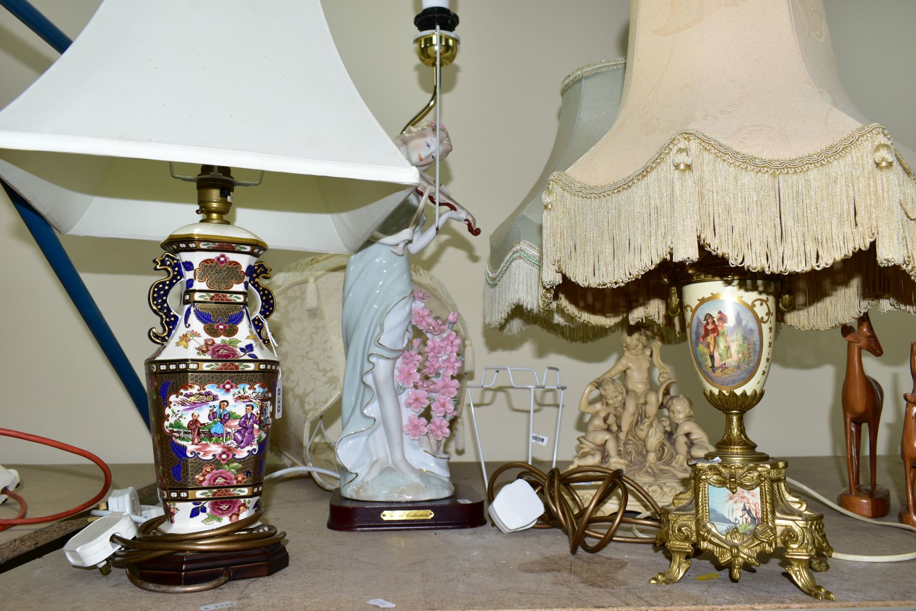 FOUR TABLE LAMPS to include gilt metal and ceramic, 21cms including shade, Chinese pattern twin