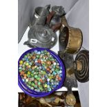 A LARGE COLLECTION OF MARBLES, with pewter planished teapot and hot water jug, pewter Jubilee