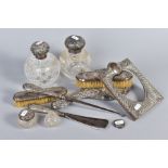 A BOX OF SILVER MOUNTED DRESSING TABLE ITEMS, etc including two large spherical glass scent bottles,