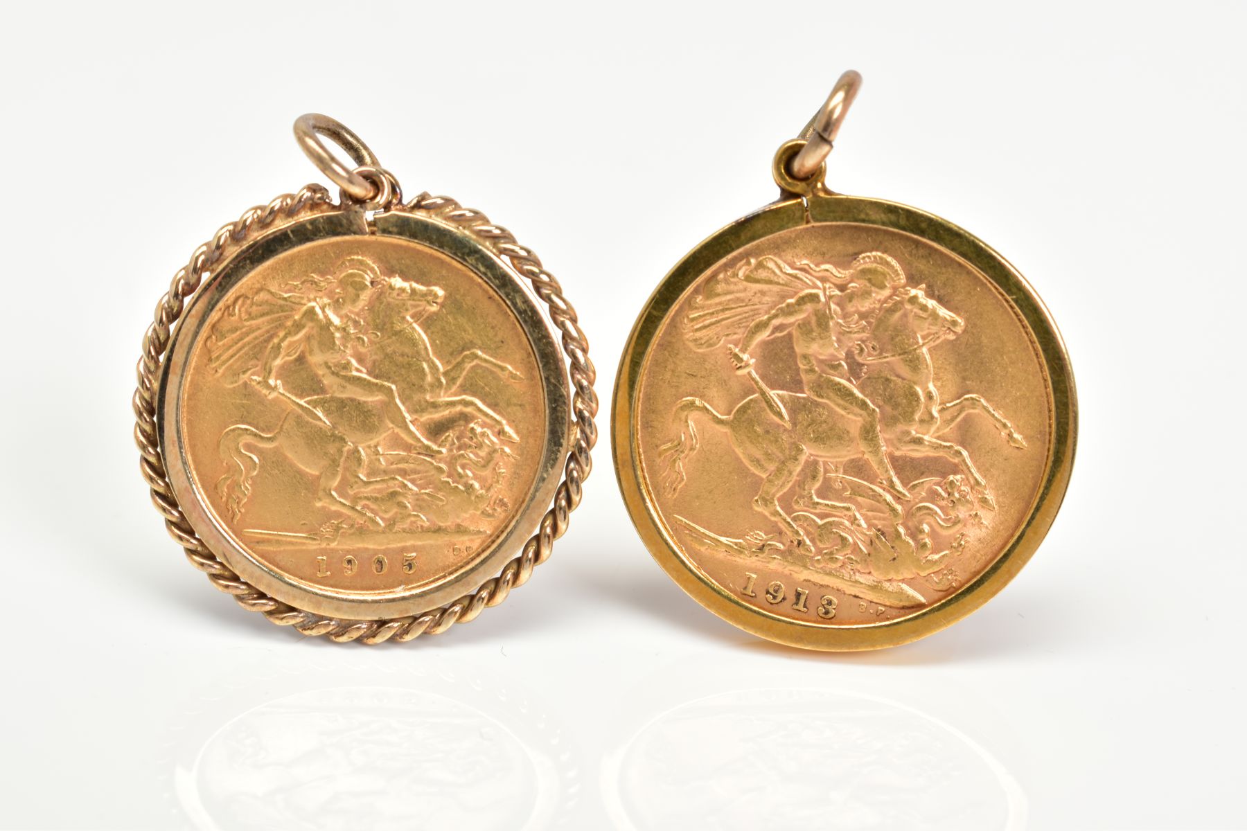 TWO SOVEREIGN PENDANTS, the first a Edward VII 1905 half sovereign within a rope twist surround, the