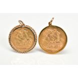 TWO SOVEREIGN PENDANTS, the first a Edward VII 1905 half sovereign within a rope twist surround, the