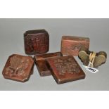 FIVE BRONZED EMBOSSED METAL INK BLOCK BOXES, one of butterfly form (5)