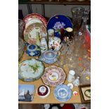 A GROUP OF CERAMICS, GLASS, ETC, to include cut glass decanter, vase and glasses, early Victorian