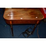 A GEORGIAN MAHOGANY, BOXWOOD AND EBONY STRUNG FOLD OVER CARD TABLE, blue baize interior on four