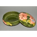 A MOORCROFT POTTERY COVERED POWDER BOWL, 'Hibiscus' pattern on green ground, impressed backstamp,
