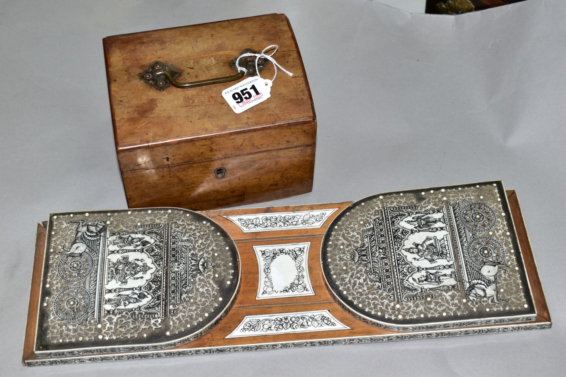 A FRUITWOOD TRINKET BOX (no key) together with an Oriental design carved bookslide (2)