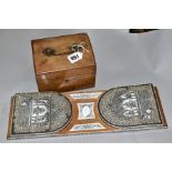 A FRUITWOOD TRINKET BOX (no key) together with an Oriental design carved bookslide (2)